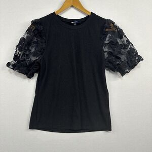 Alice Blue‎ Women's Medium Black Top Sheer Floral Sleeves